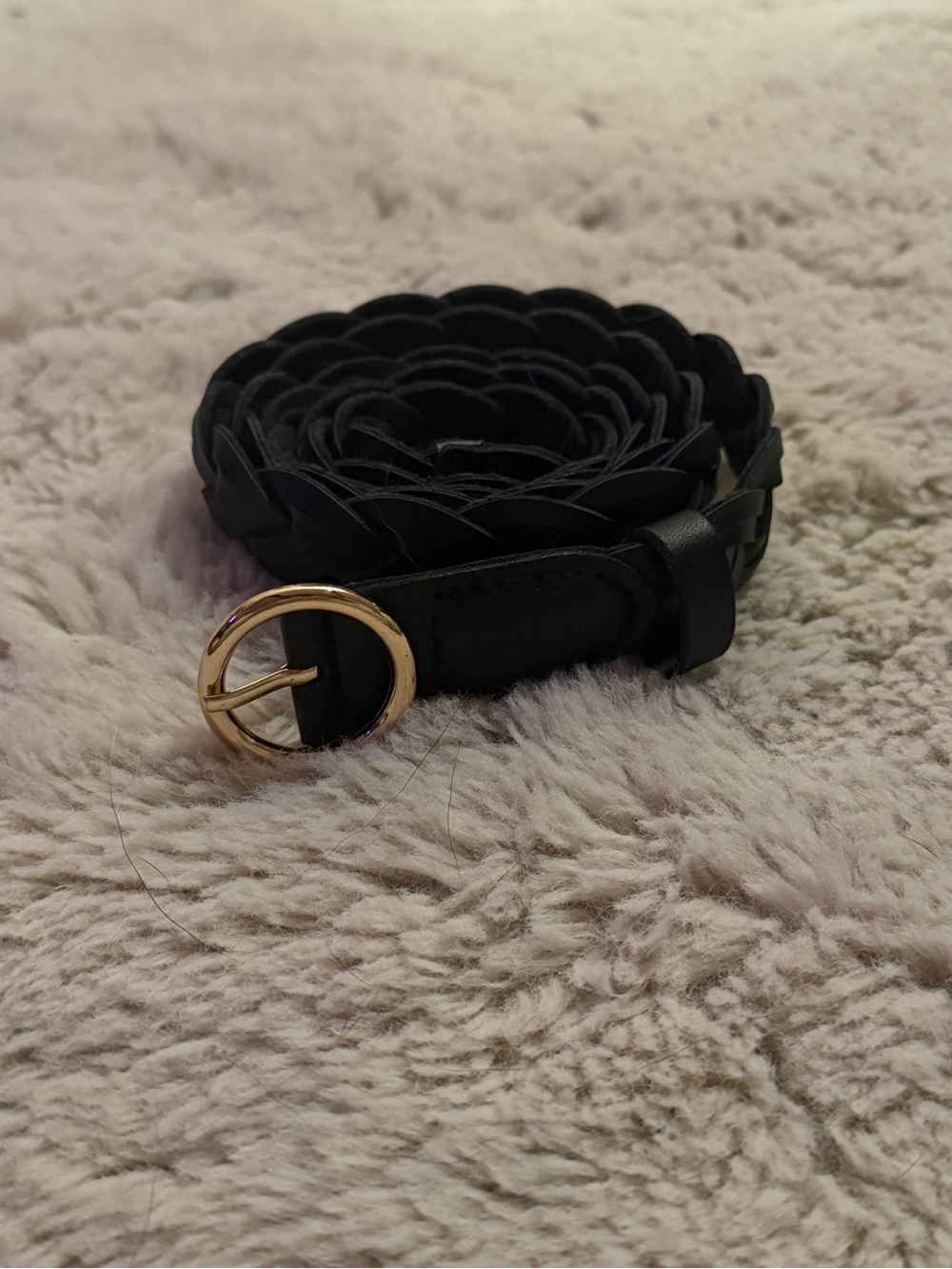 Women's Black Braided Leather Belt with Gold Round Buckle